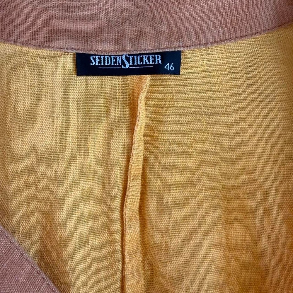 SeidenSticker 100% Linen Colorblock Button Up Top Mustard Yellow Brown Relaxed - Picture 7 of 7